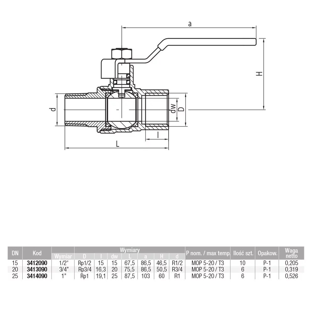 ZAWÓR KULOWY Valvex GAZ 3/4" ORION WZ RĄCZKA STAL - PEŁNO - 3413090 - 1